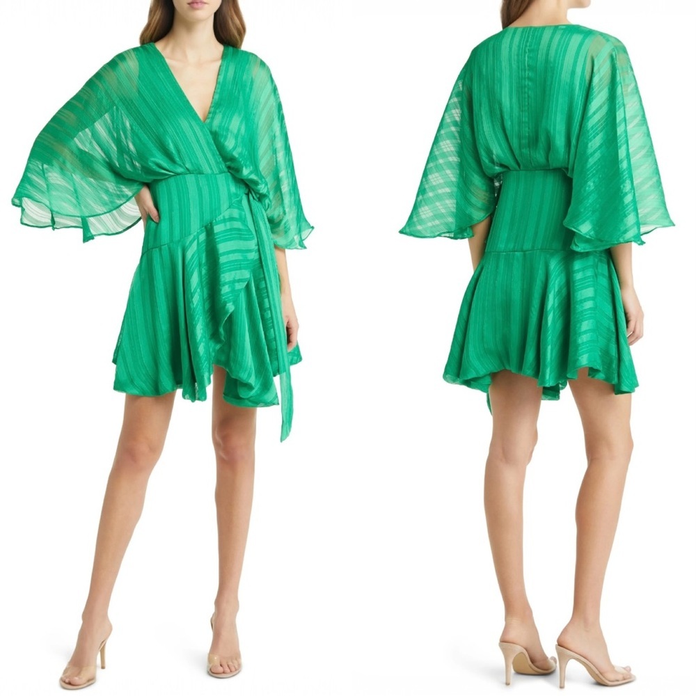 Nordstrom BTFL Vonda Long Sleeve Draped Satin Wrap Dress In Green
